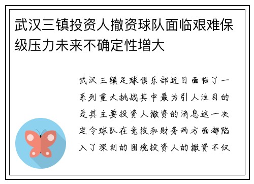 武汉三镇投资人撤资球队面临艰难保级压力未来不确定性增大 武汉三镇投资人撤资球队面临艰难保级压力未来不确定性增大