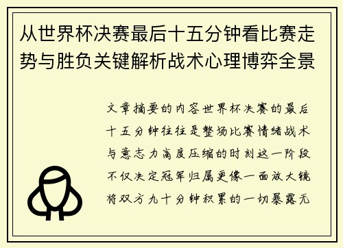 从世界杯决赛最后十五分钟看比赛走势与胜负关键解析战术心理博弈全景复盘