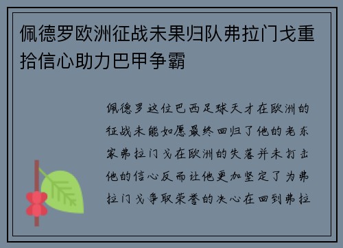 佩德罗欧洲征战未果归队弗拉门戈重拾信心助力巴甲争霸 佩德罗欧洲征战未果归队弗拉门戈重拾信心助力巴甲争霸